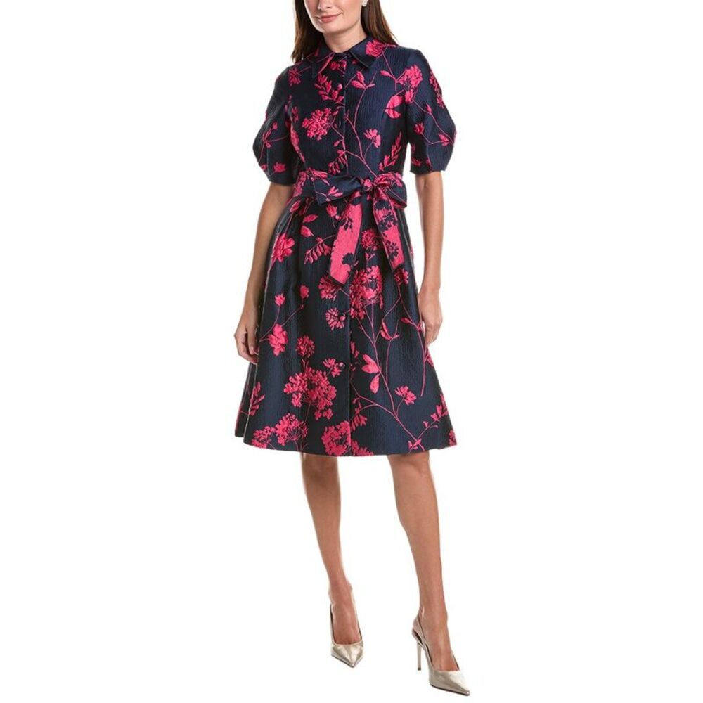 Teri Jon By Rickie Freeman Womens Jacquard Puff Sleeve Floral Silk-Blend